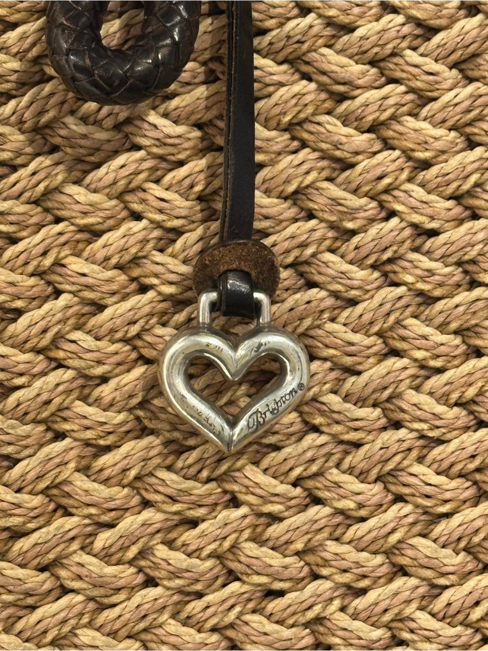 Brighton Braided Straw Tote with Dark Brown Handles and Heart Charm - Picture 5 of 10